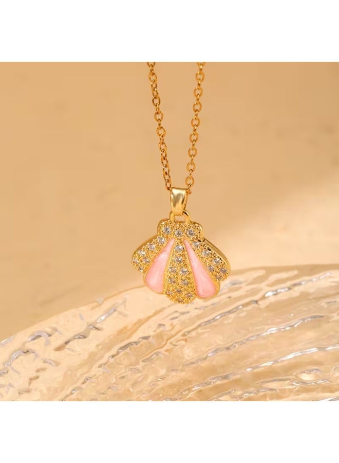 Pink Enamel Seashell Necklace – Gold Tone – Sparkling Zircon Shell Pendant – Hypoallergenic Stainless Steel - Image 2